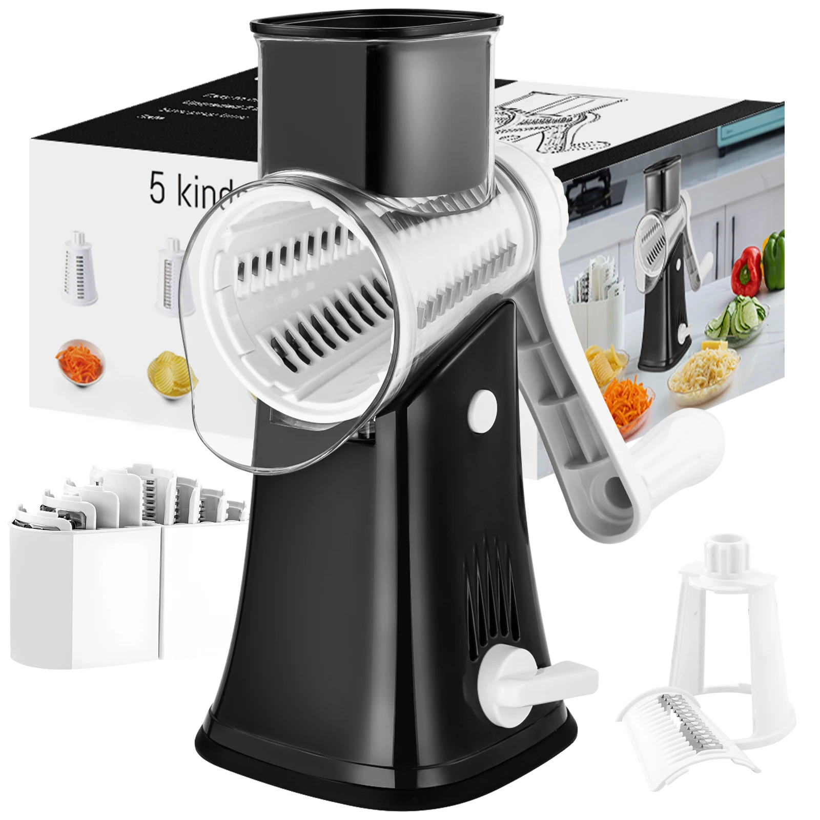 Rotary Drum Grater With 3 Stainless Steel Blades Tabletop Drum Grater Set Vegetable Fruit Rotary Cheese Grater With Container