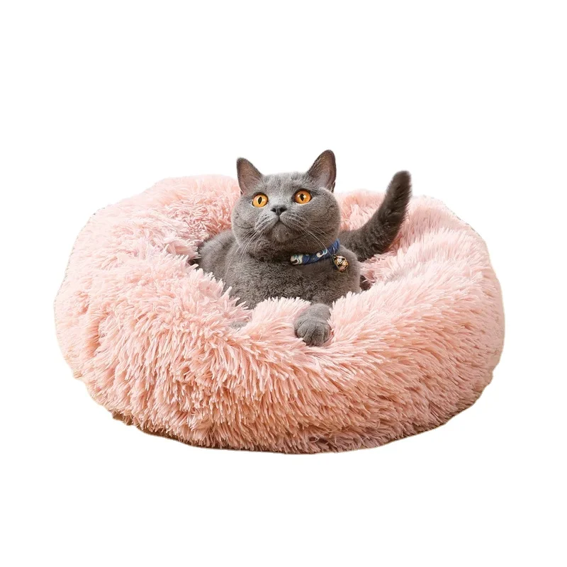 wholesale manufacturer soft luxury plush pink grey white pet cushion round cat dog bed