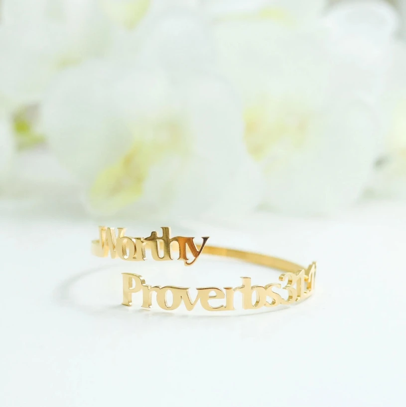 Christian Catholic jewelry dainty stainless steel bracelet silver gold Worthy Proverbs Blessed Luke Bible Verse Cuff open bangle