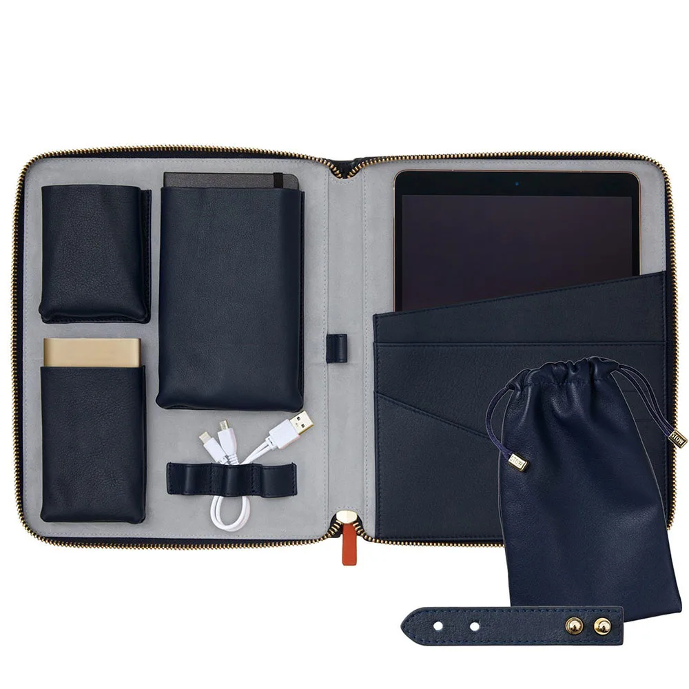 Custom Genuine Leather Accessories Organizer Set Travel Wallet Tablet PC Holder Bags