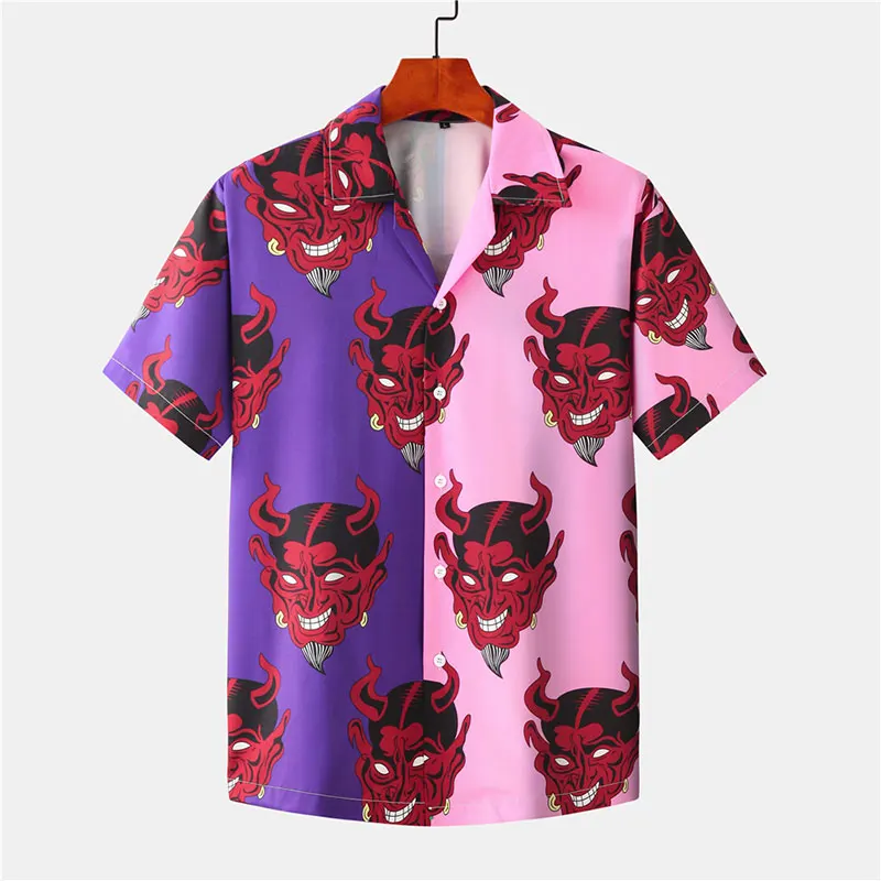 Japanese Streetwear Hawaiian Casual Short Sleeve Devil Color Patchwork Satan Printed Shirt