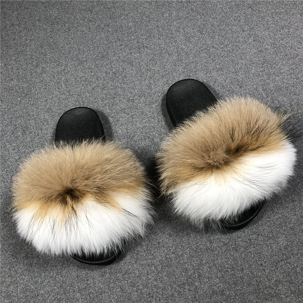 
Drop Shipping Services Fashion Flat Raccon Fur Slippers Open Toe Furry Fox Fur Slides 