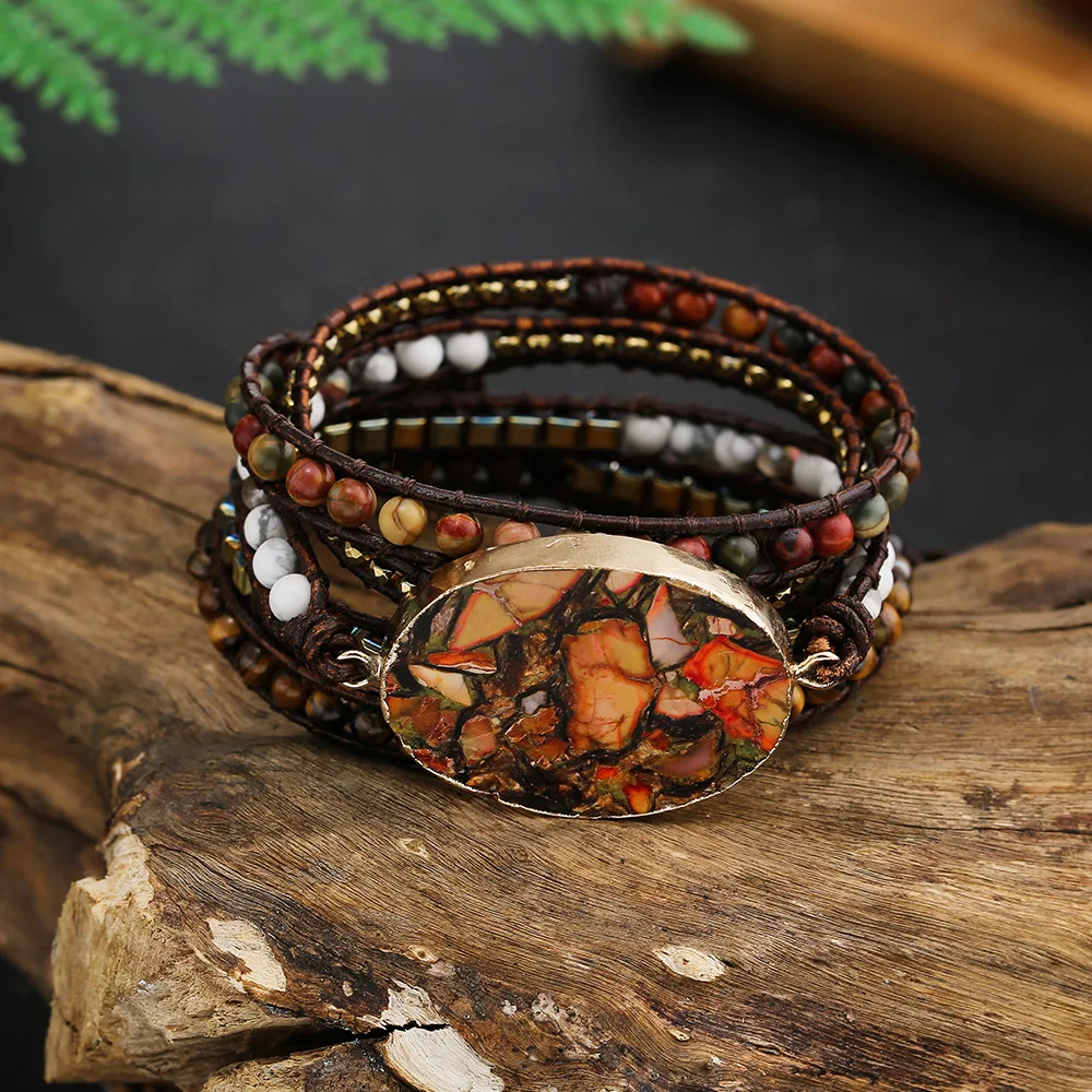 Vintage Boho Bracelet Handmade 5 Layers Bohemian Leather Wrap Stone Bracelet Bijoux Imperial Pine Braided Beaded Bracelet