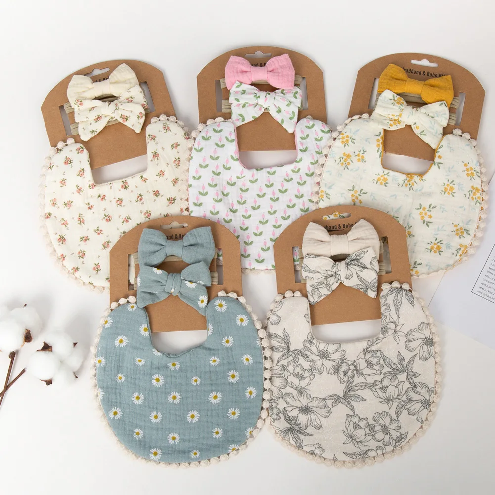 100% Cotton Baby Bibs Soft And Comfortable Baby plain cotton Bibs Customizable Color Baby Bibs Bow For Children Headband Set