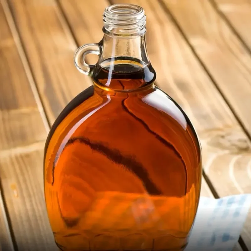 wholesale 12 oz Maple Syrup Bottles Glass Maple Syrup Bottles with Loop Handle with Black Ribbed PE Lined Caps