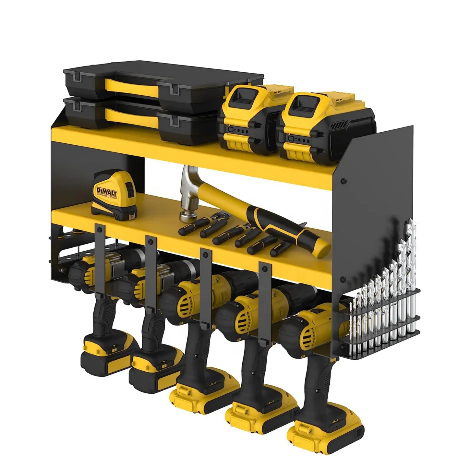 Power Tool Organizer, Wall Mount Heavy Duty Tool Shelf with 5 Drill Slots, Utility Storage Rack for Cordless Drill
