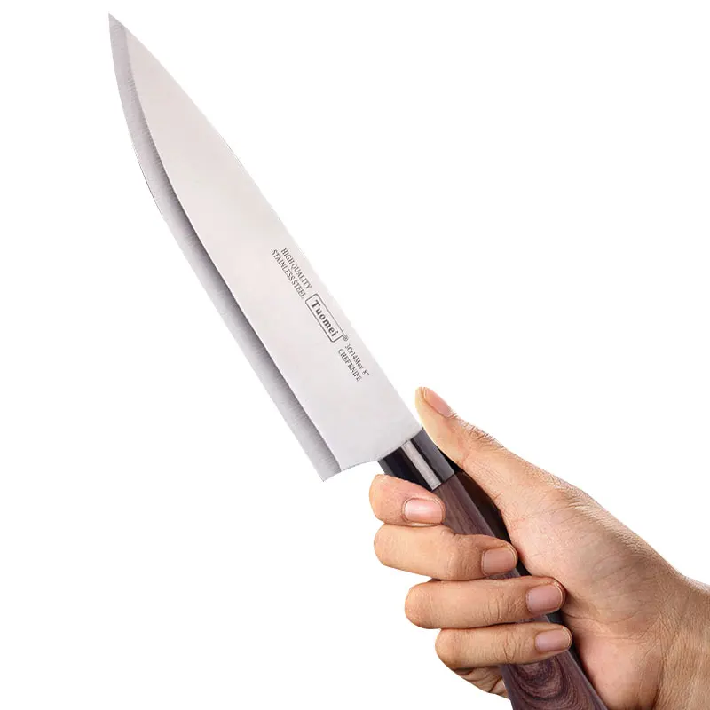 TUOMEI hot sale stainless steel kitchen knife wooden pattern handle 8inch chef knife in stock