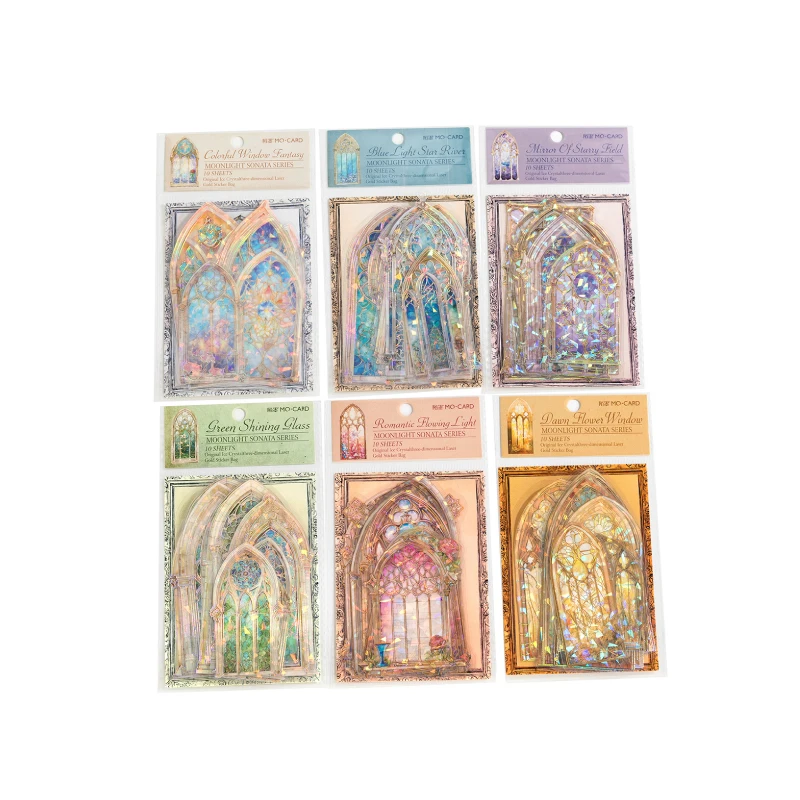 Mr. Paper 6 Design 10 Pcs / Set PET Moonlight Window Stickers Laser Vintage Crystal Decoration Stickers Pack for Diary Scrap