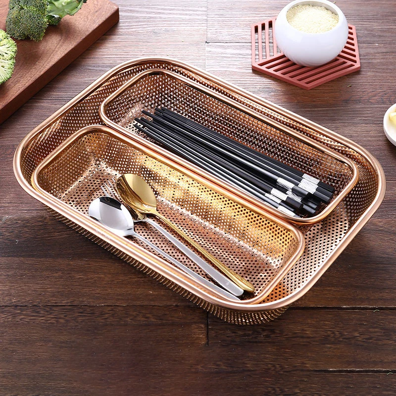 304 Stainless Steel Colander Strainer Rectangle Mesh Drainer Vegetable Fruit Sink Basket Utensil Drying Rack