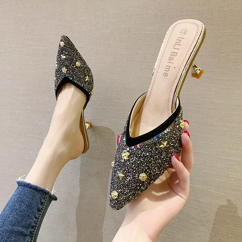 Fashion Summer And Autumn Women Pumps Low Heel Flat Pointed Toe Pearl Rhinestone Solid Color Half Slippers Mules