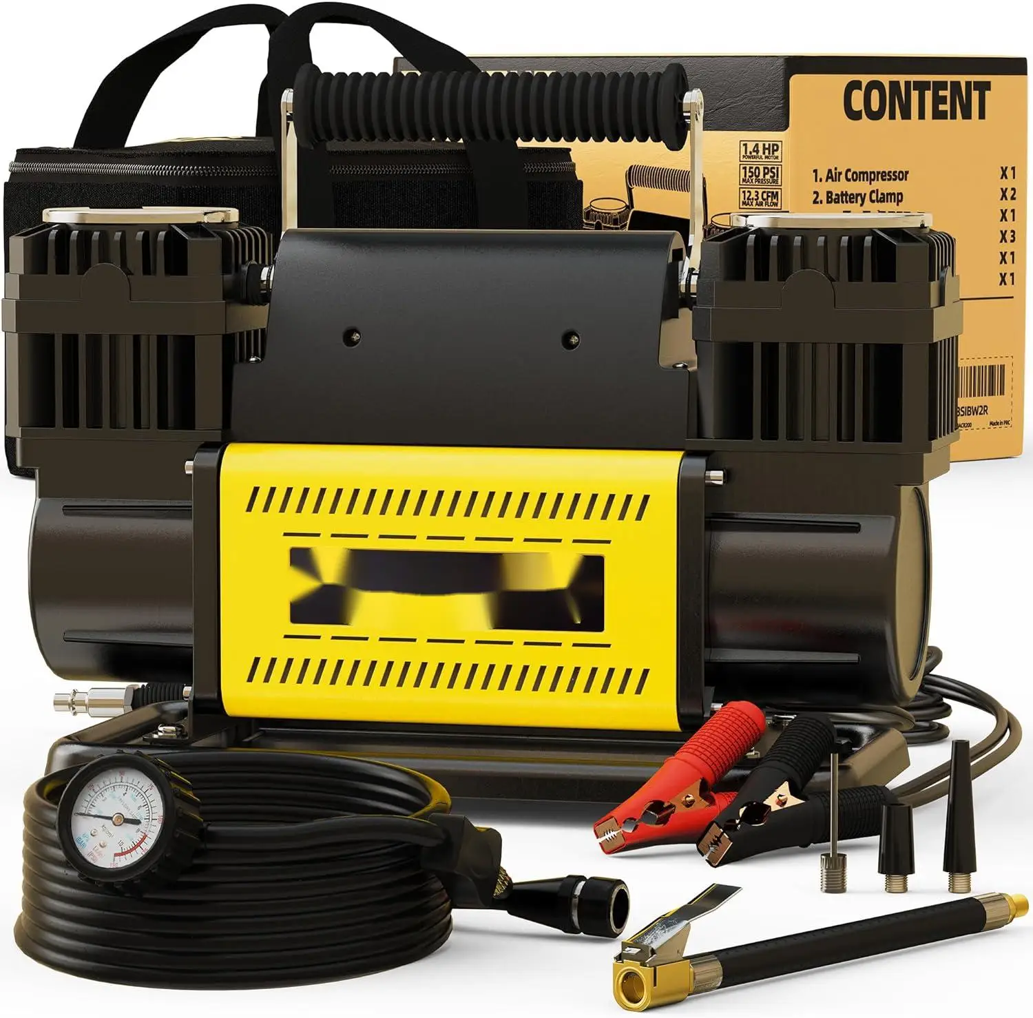 300LSH/MIN Heavy-Duty 12V/24V Cabled Tire Compressor with Double Cylinders Fast 150PSI Inflation Point