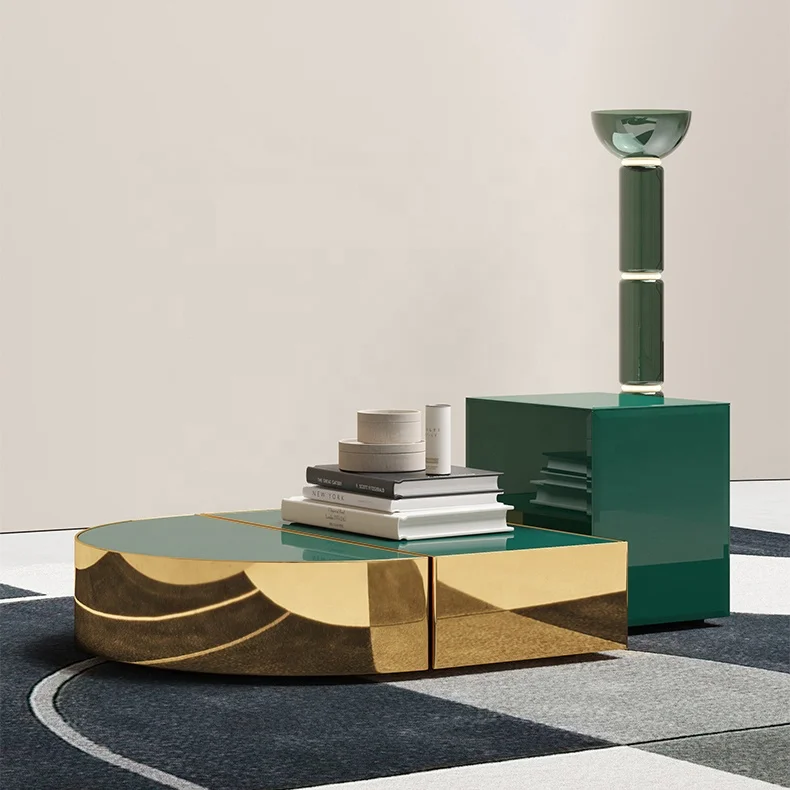 Роскошный дизайн кофейный столик Декор золотой цвет рамка из нержавеющей стали темно-зеленый стеклянный современный кофейный столик