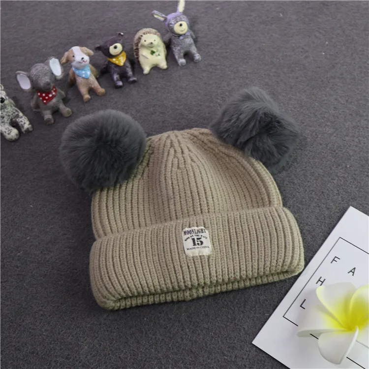 autumn winter kids pompom beanie hat baby winter cap with double ball marks 15 warm knit hat