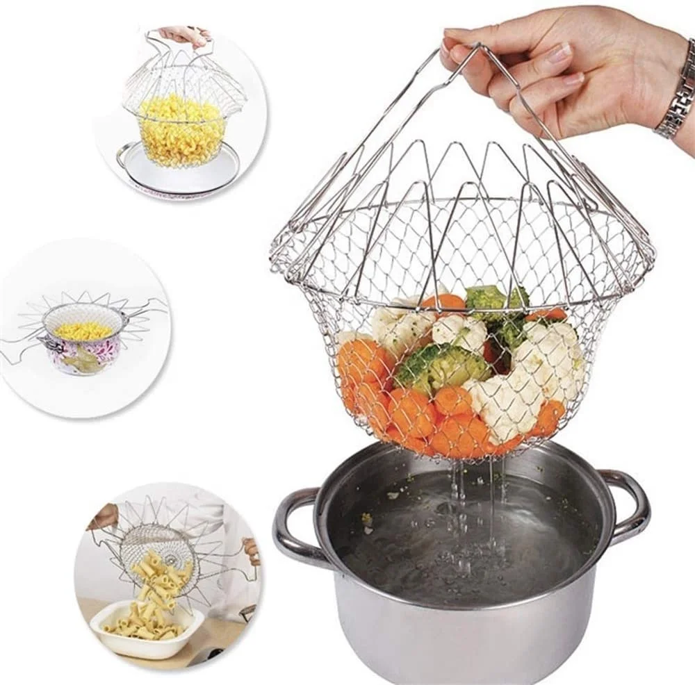 New telescopic kitchen multi-function poaching boiling deep fry basket stainless steel foldable strainer basket colander