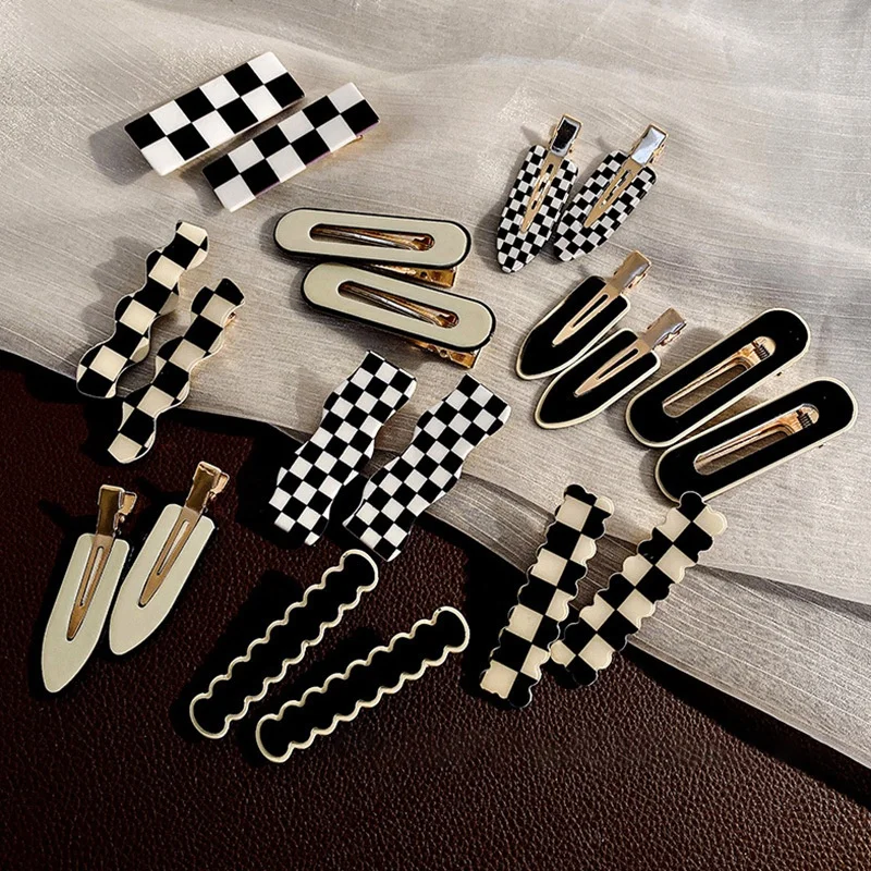 Vintage Black White Checkerboard Print Girls Hair Pin Accessories creaseless hair clips Lady Gifts Headwear