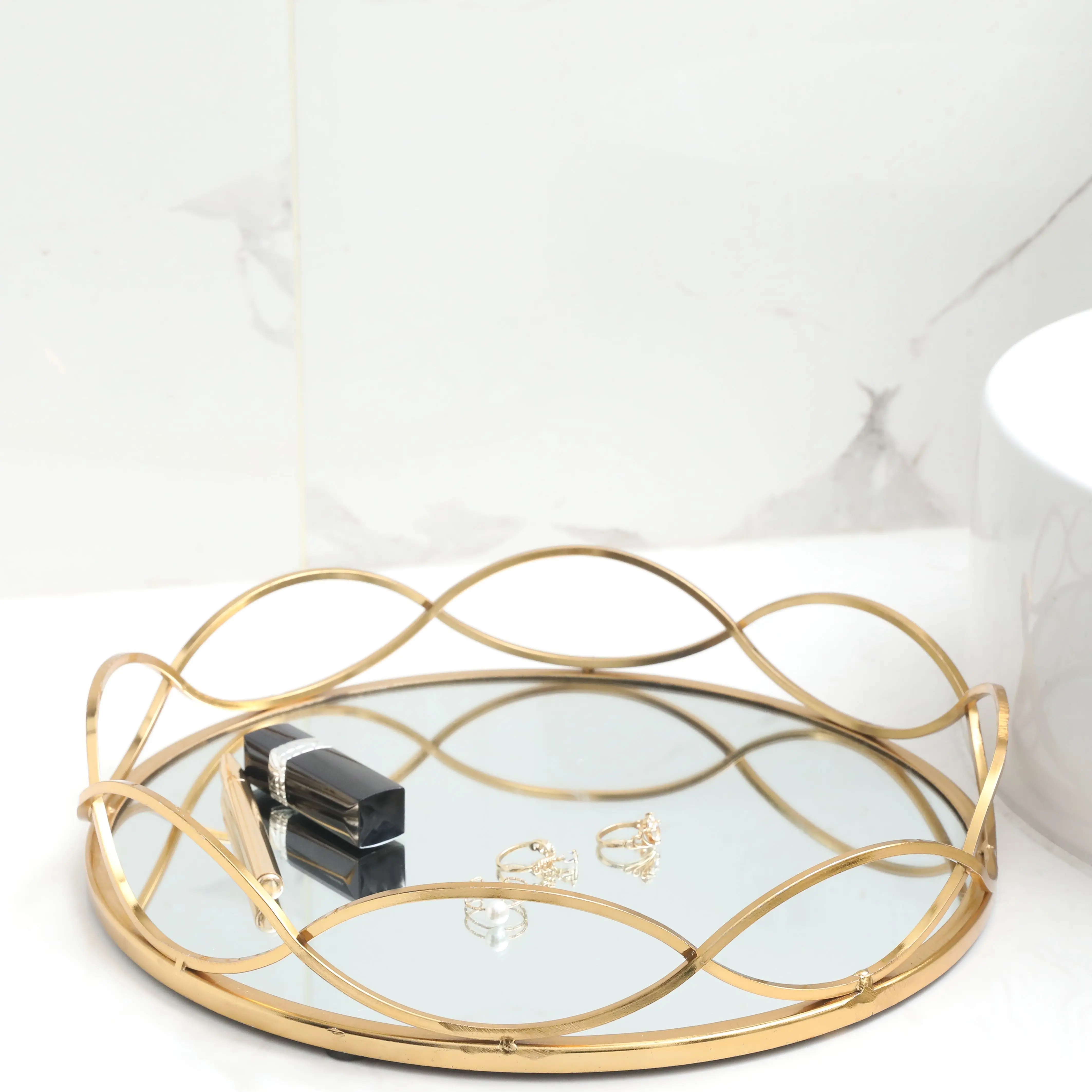 MAYCO Jewelry Organizer Makeup Dressers Vanity Perfume Metal Decorative Gold Glass Mirror Tray