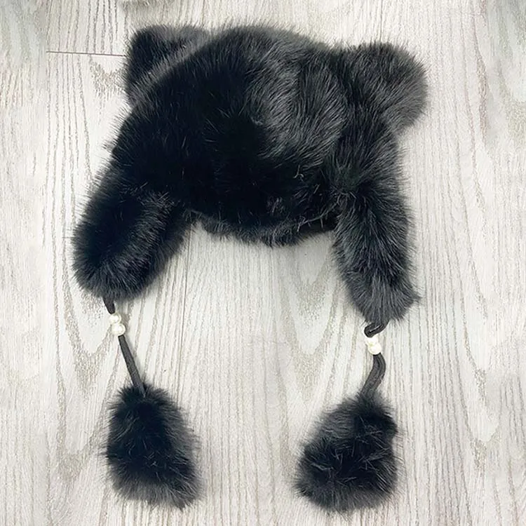 2023 new arrival winter faux fur warm skull cap with pompom outdoor  earflap hat