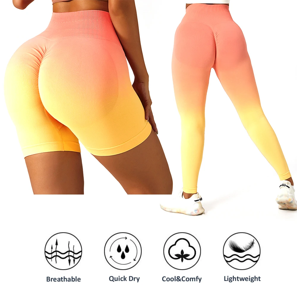 Womens Scrunch Booty Workout Cycling Shorts Bright Gradient Colors Intensify Running Leggings, Custom Seamless Gym Yoga Pants