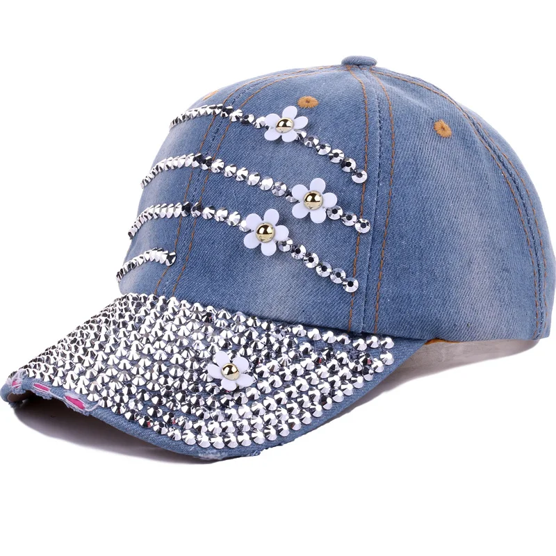 Factory  Custom Fashion Rhinestone Baseball Cap Studded Rhinestone Bling Outdoor Sport Hat Denim Flowers Baseball Hats