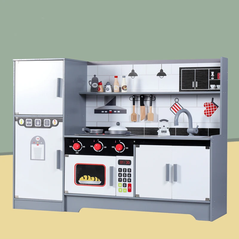 Wholesale Wooden black and white refrigerator kitchen toy pretend play house cooking game Life Experience Toys