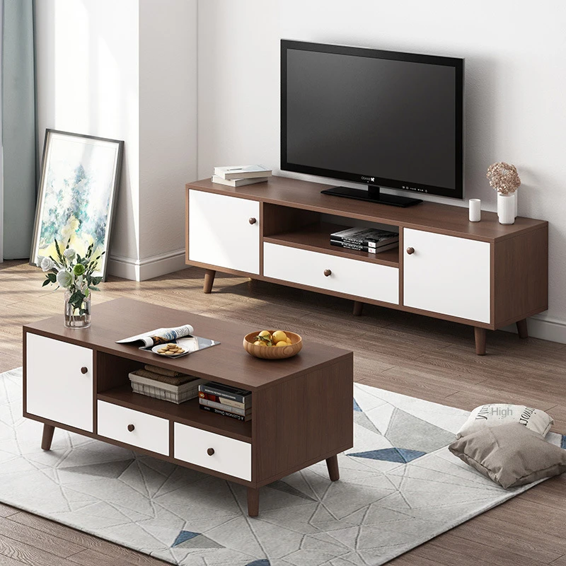 Wooden Legs TV Cabinet Coffee Table Combination Living Room Bedroom Modern TV table