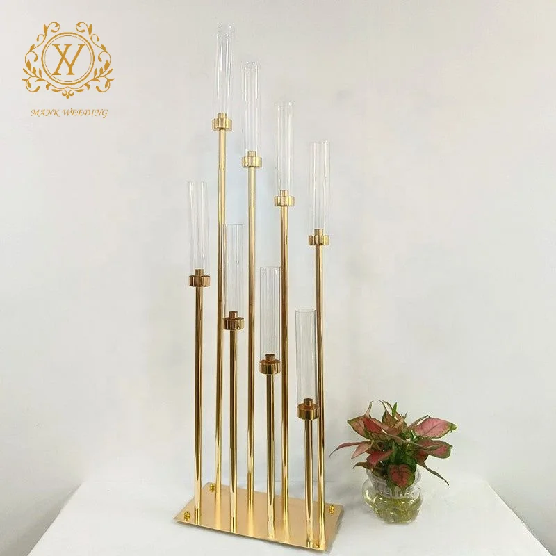 Gold Metal Wedding Candle Holder 8 Arms Iron Plated Tall Hurricane Candlesticks for Wedding Centerpiece Table Decoration