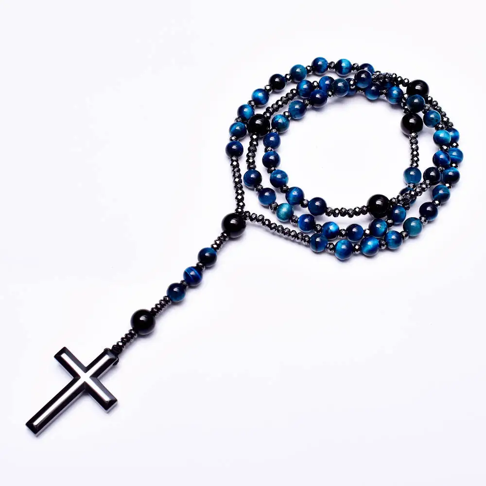 Blue Tiger Eye Onyx Christ Rosary Bead Long Necklaces for Men With Hematite Cross Pendant Meditation Jewelry