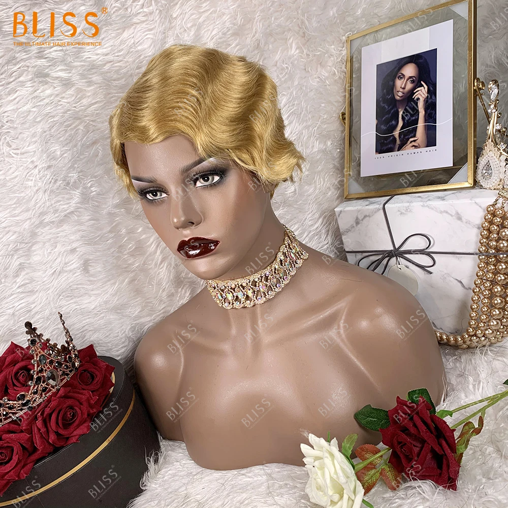 Bliss Finger Wave Wigs 613 White Golden Blonde Wig Short Pixie Cut Blonde Real Remy Human Hair Wigs for Black Women