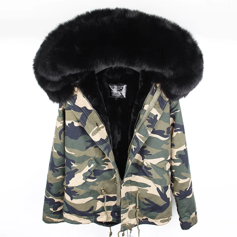 Genuine fox fur collar detachable faux fur lined winter hood parka men women fur jackets