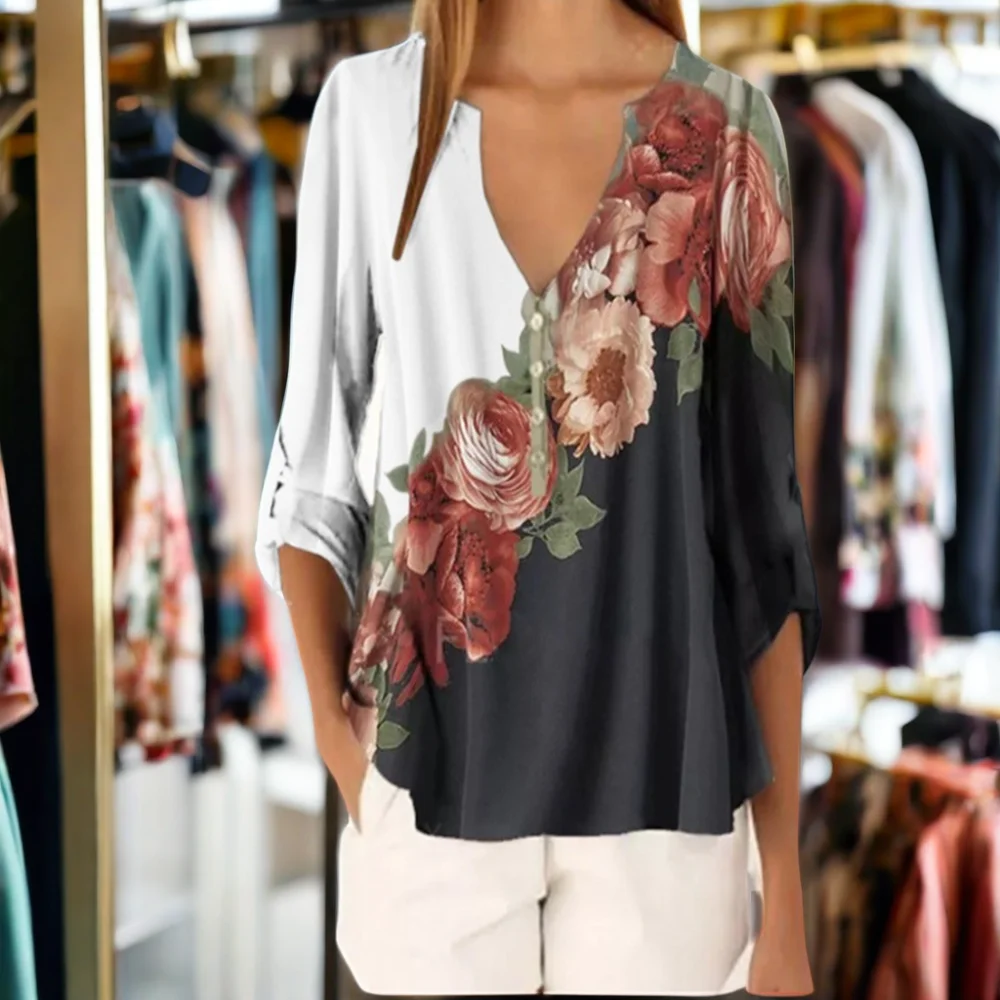 2024 Summer Casual Vintage Shirt Top Floral Print Chiffon Fabric V-Neck Stitching Tassel Decoration Flare Sleeve Short Length