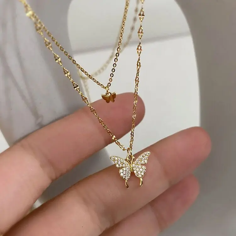 wholesale women rhinestone crystal butterfly necklace gold plated double layered ladies jewelry butterfly pendant necklace