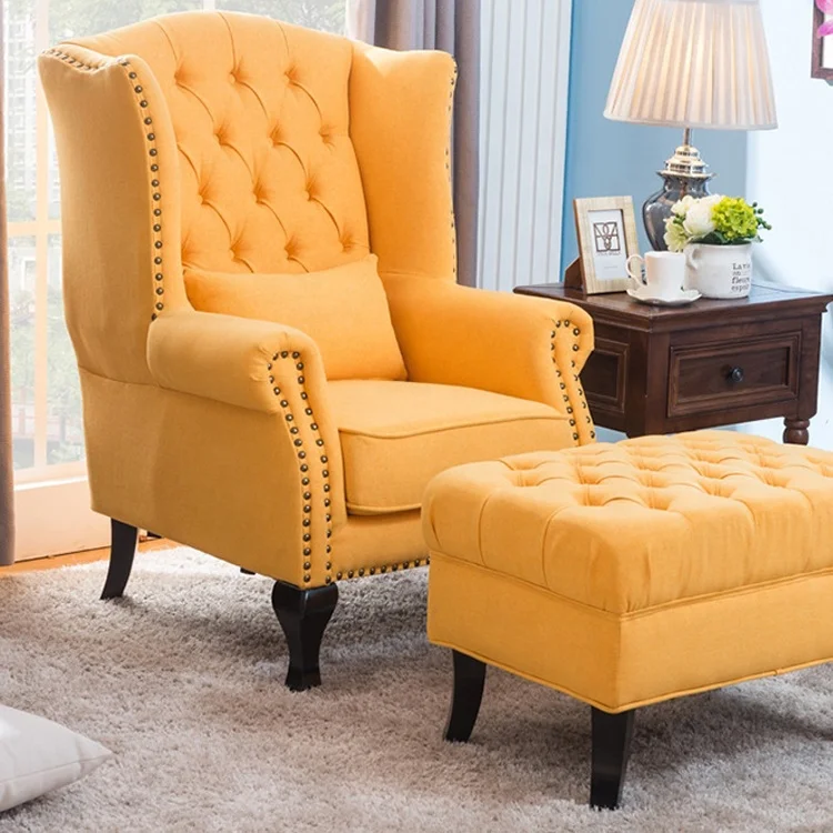 High quality American style wooden antique leather lounge single sofa chair yellow