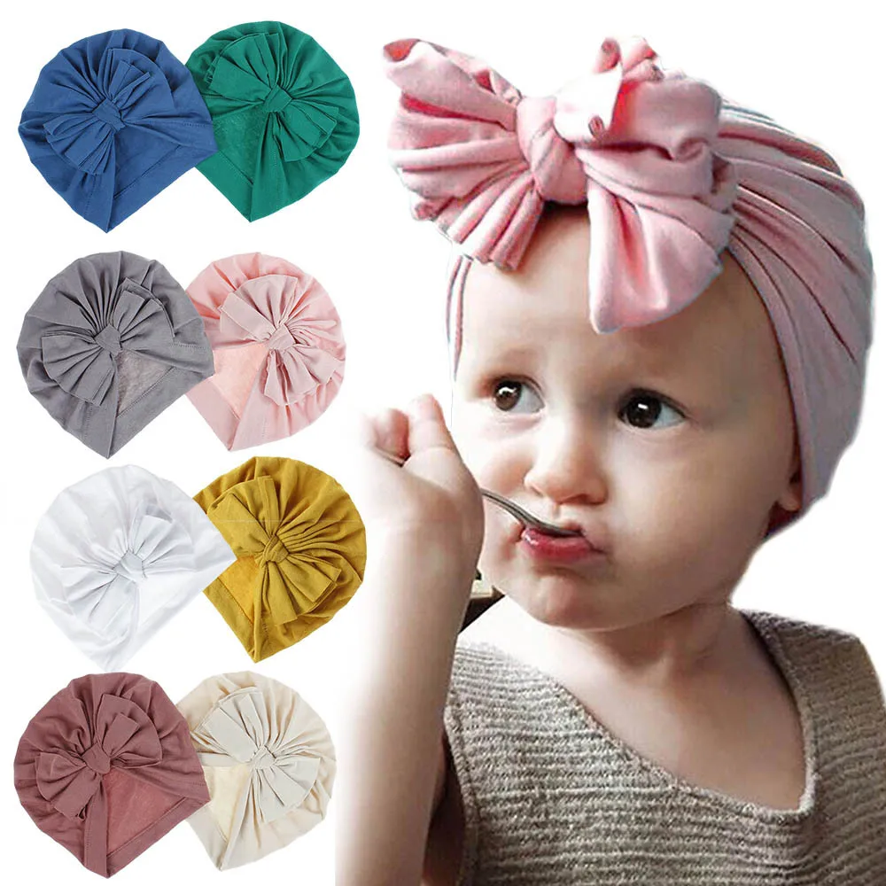 Baby turban hat with bow child pure color lovely slouchy beanie