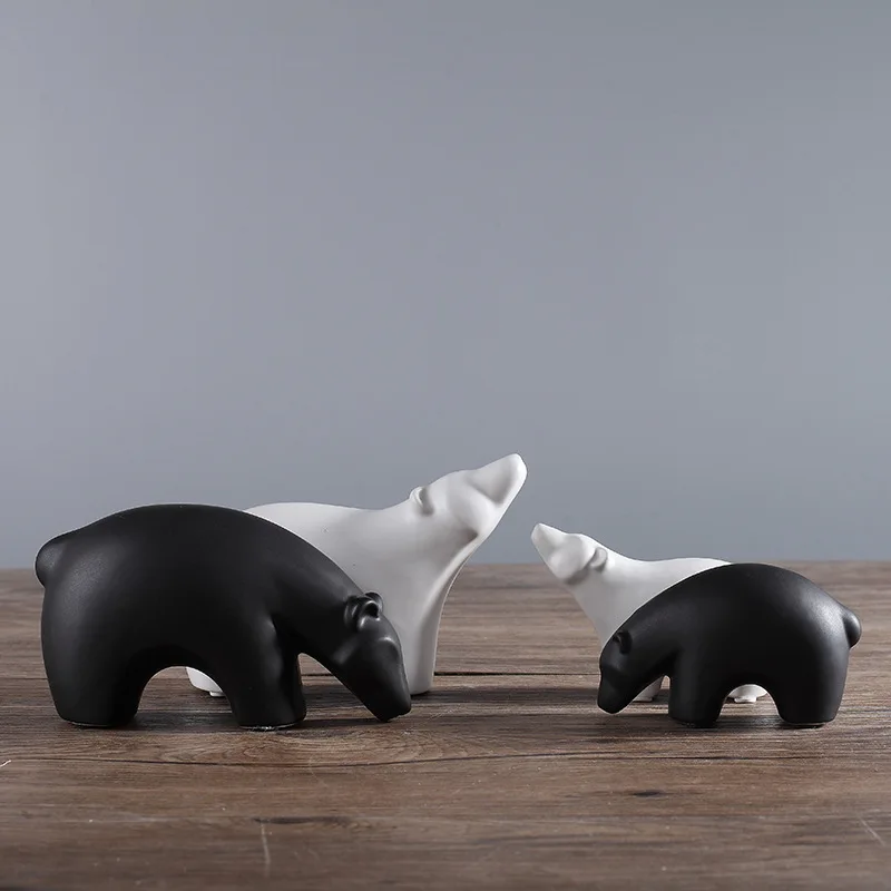 Black and White Ceramic Polar Bear Figurines Animal Statues Ornaments European Modern Crafts Home Decor Office Decoration