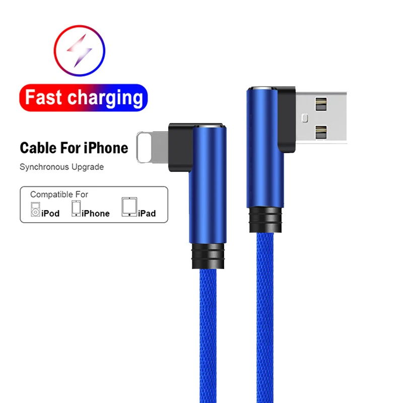  USB-кабель для быстрой зарядки iPhone 11 Pro Max XS XR X 8 7 6 5 iPad текстильный плетеный кабель передачи данных скорость 90 градусов 2 1