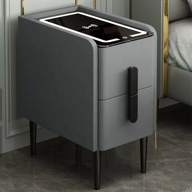Wholesale Narrow Smart Wireless Charging Nightstand Fingerprint Lock Bluetooth Audio Lamp Bedside Table Bedroom Furniture