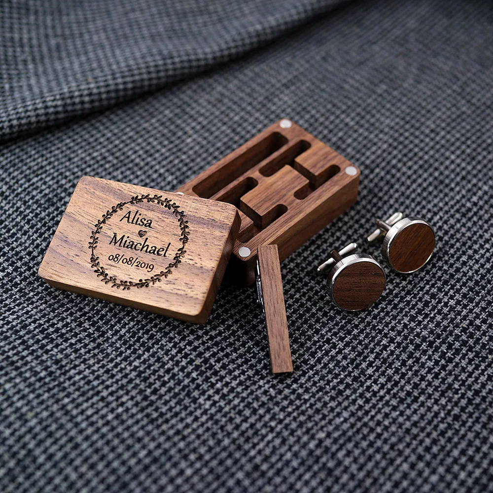 Custom Logo Rustic Walnut Wooden Round Cuff Links Tie Clip and Cufflink Sets With Organizer Box for Business Men Gift