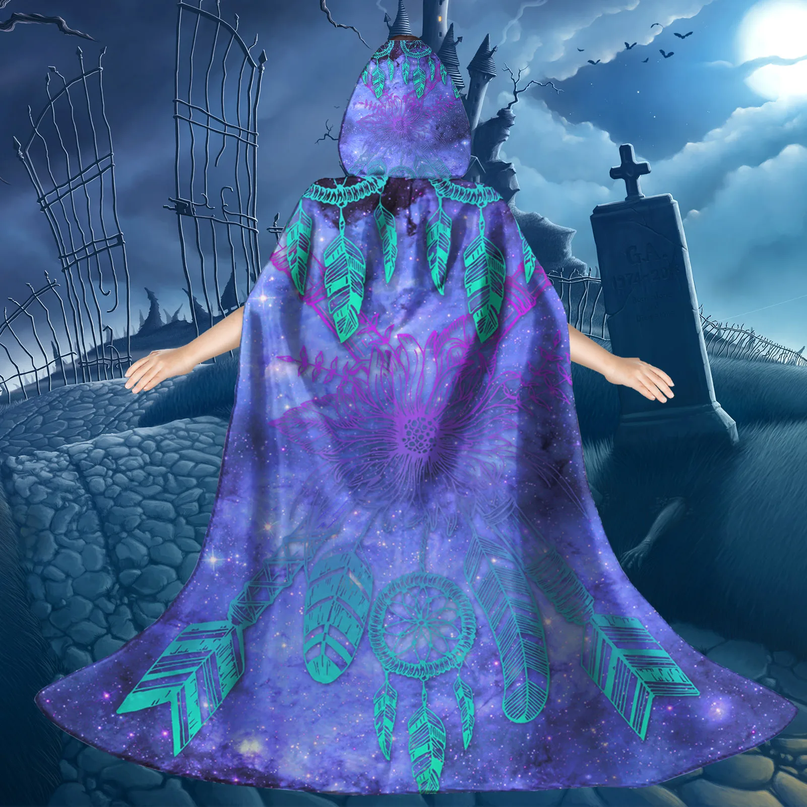 Yellow Drean Catcher Custom Print Kids Hooded Cloak Halloween Witch Cape for Celebrate Chilldren Wear 3D Digital Printing