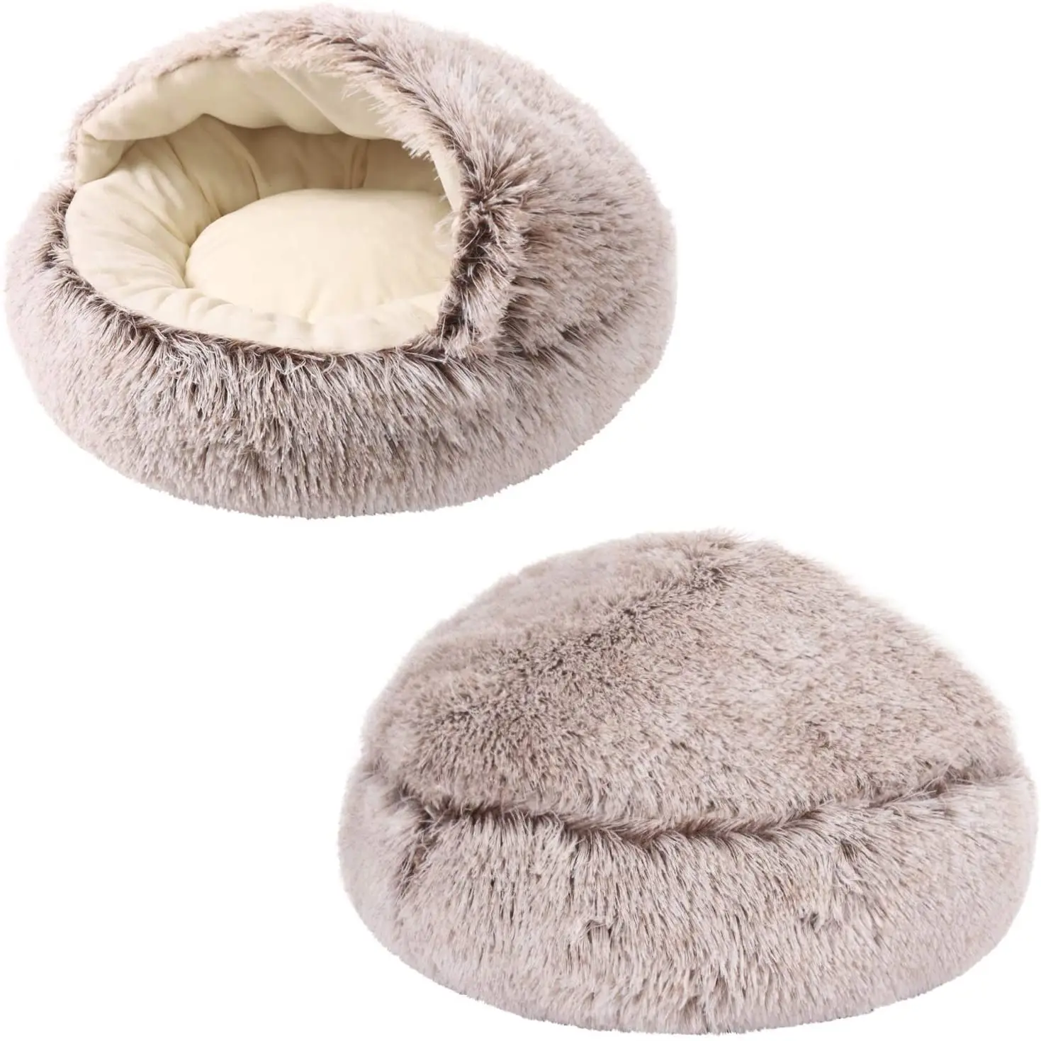Modern pink semi-enclosed non slip luxury fluffy warm sleeping soft round donut sofa pet dog cat bed for indoor