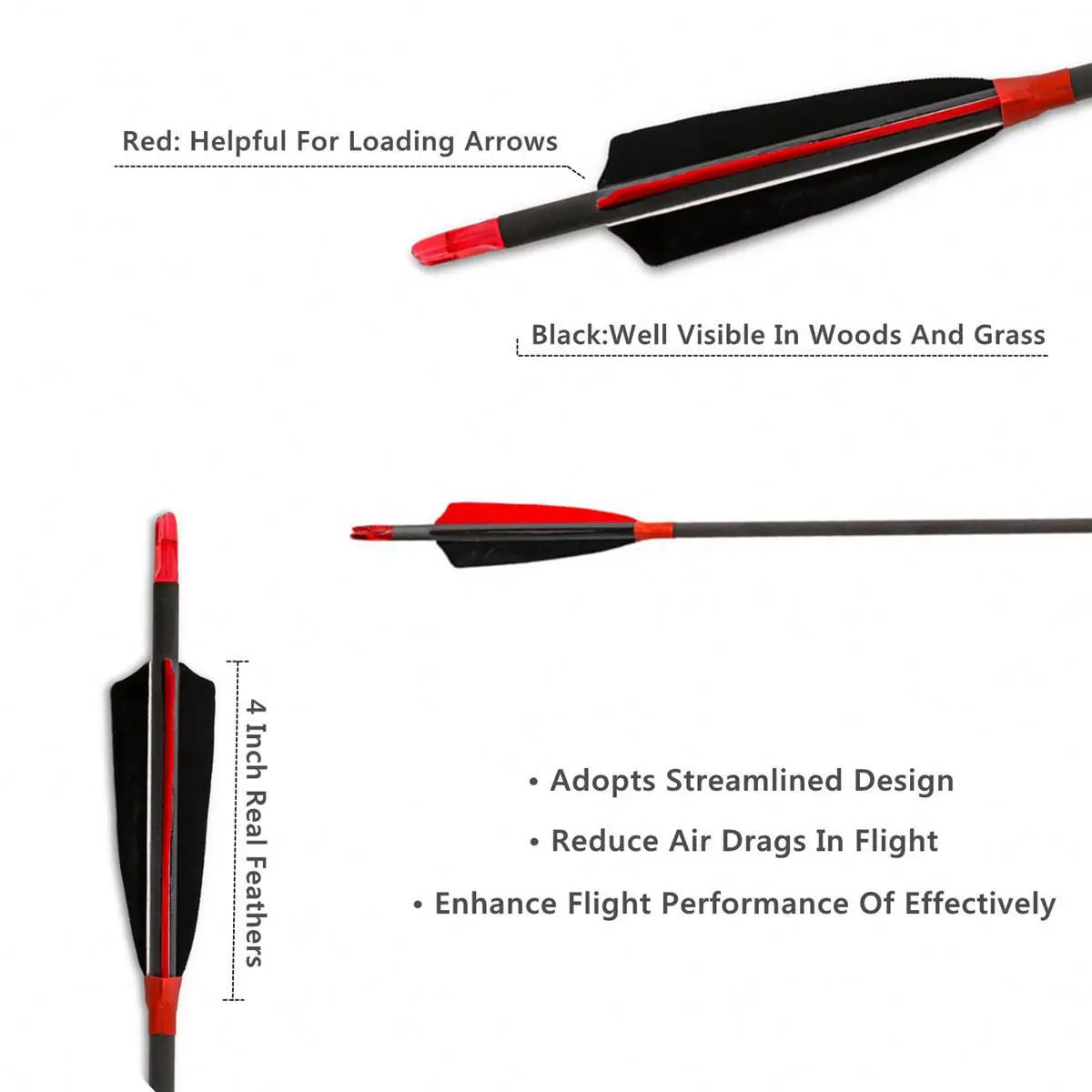 Carbon Arrows Archery Shafts with Real Feathers and Field Points for Hunting Target Shooting