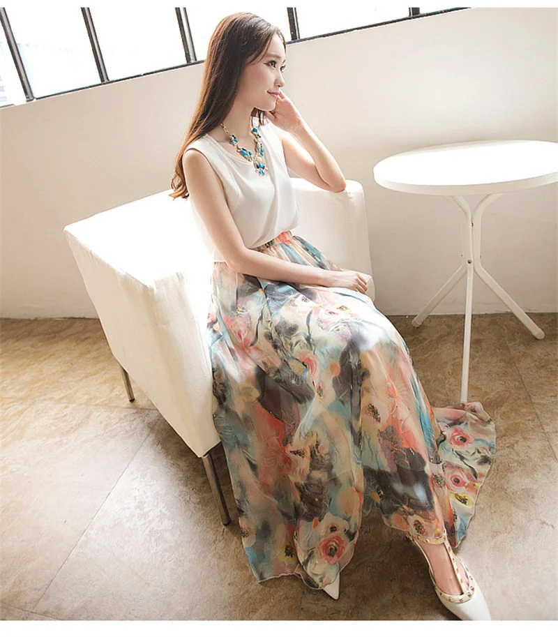 2016 Spring Summer Vintage Bohemia Fashion Printed Skirt Maxi Women Full-Length Elastic High Waist Ladies Pattern Skirts