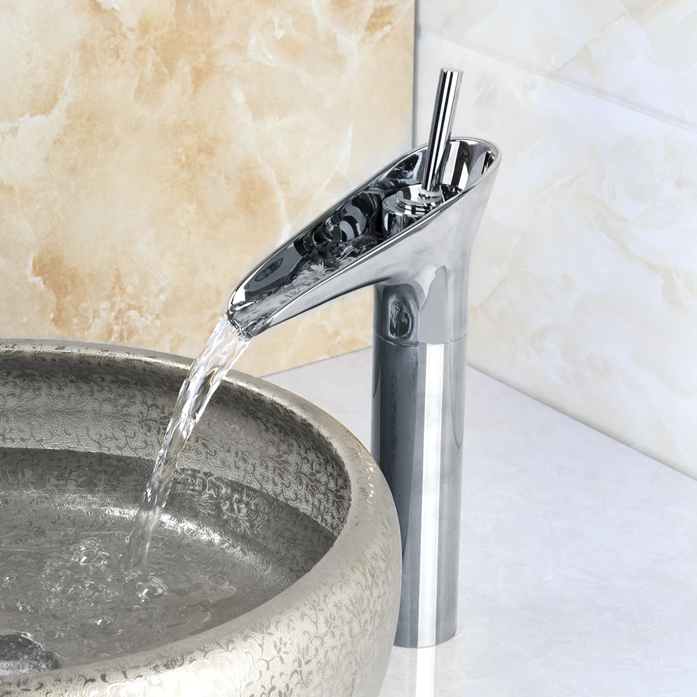 Basin Sink Bathroom Chrome Faucet Brass Deck Mounted Hot Cold Water Mixer Taps Single Handle Single Hole Lavatory Sink Crane