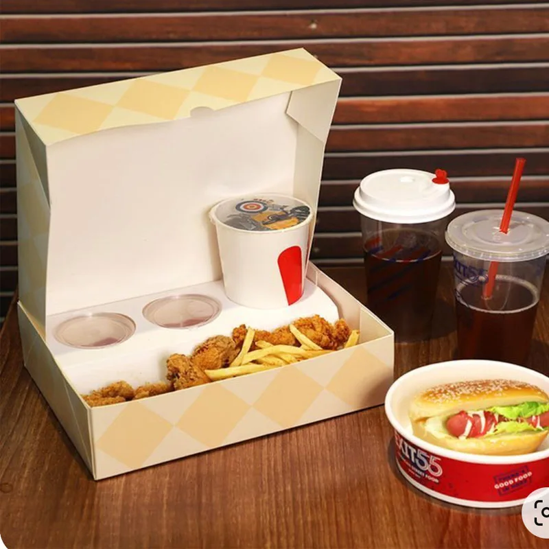 Custom Logo Take Out Fast Food Chicken Chip Carrier Burger Box Paper French Fried Chip Sauce Container Box
