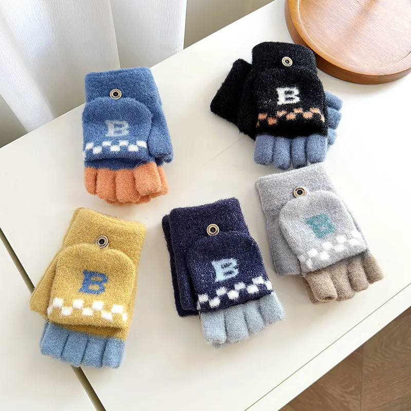 Children  Winter Half Finger Gloves Jacquard Letter Students Five Finger Writing Gloves