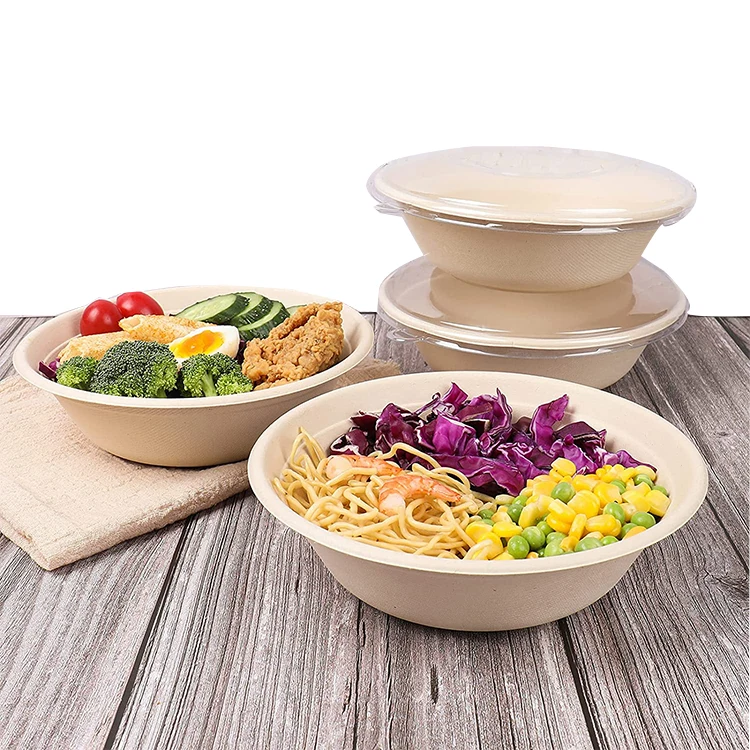 Custom 500ml 750ml 32oz biodegradable compostable disposable soak proof noodle meal sugarcane bagasse salad bowls with lid