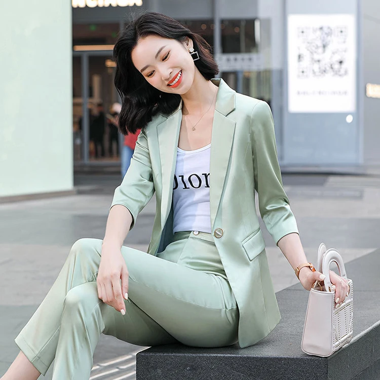 
Lenshin 2 Piece Set Women Pant Suits Office Lady Work Wear Formal Female Single Button Simple Style Green Blazer with Trouser 4 