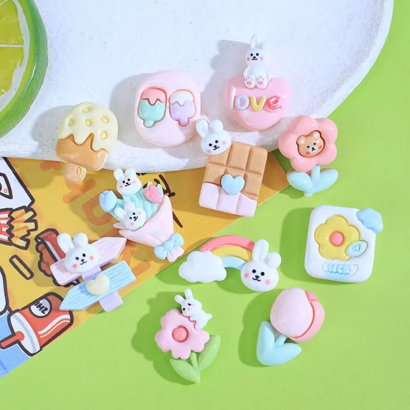 Assorted of Mini Resin Charms Rainbow Bear Flower Craft Flatback Ornament fit Hair Pins Scrapbook Embellishment