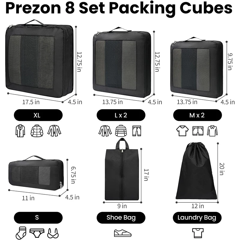 8 Set Compression Packing Cubes Full Open Visible Design Luggage Organizer Bags Set For Carry On Suitcases Travel Essentials