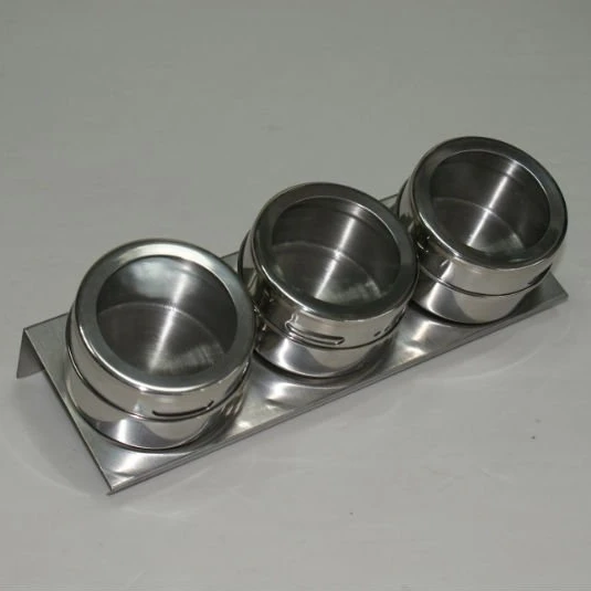 3 pcs Set Magnetic Condiments Spice & Salt Seasoning Storage Container with Stainless Steel Rack and Transparent Lid