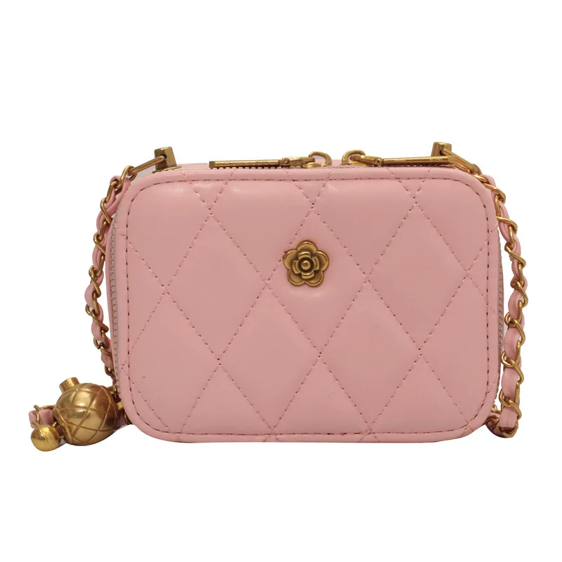 Metal Flower Chain Ladies Handbags Messenger Bag Women Cross Body Bag 2022 New Small Quilted Plaid Design Summer PU Storage Bag
